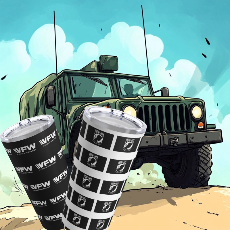 Alt image text: "VFW-inspired durable tumblers displayed in front of a hyperrealistic comic-style image of a tank, highlighting the rugged design and military-inspired theme."
